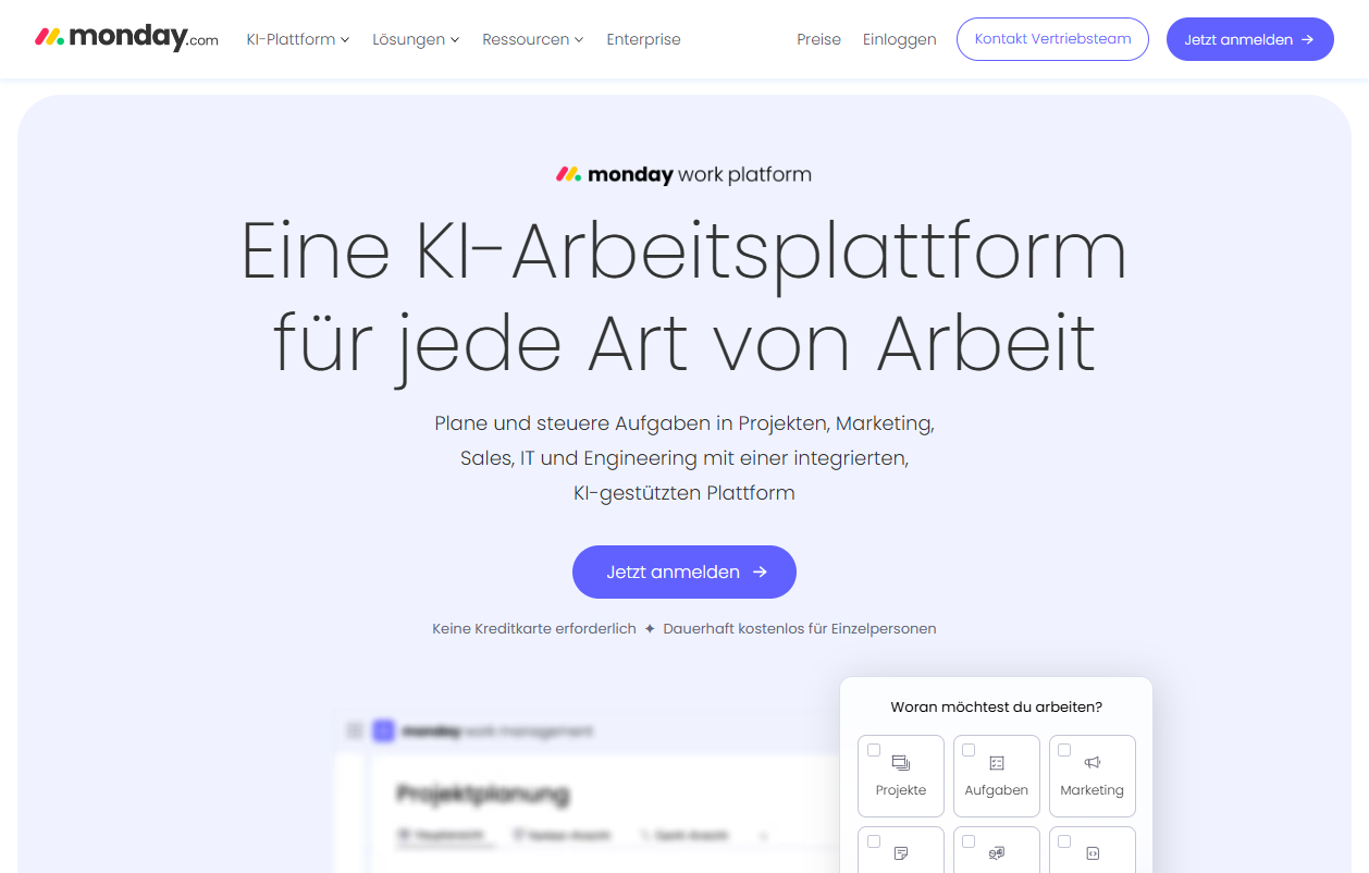 Startseite von Monday.com