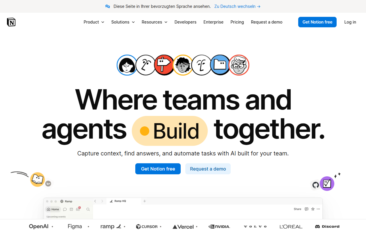 Startseite von Notion