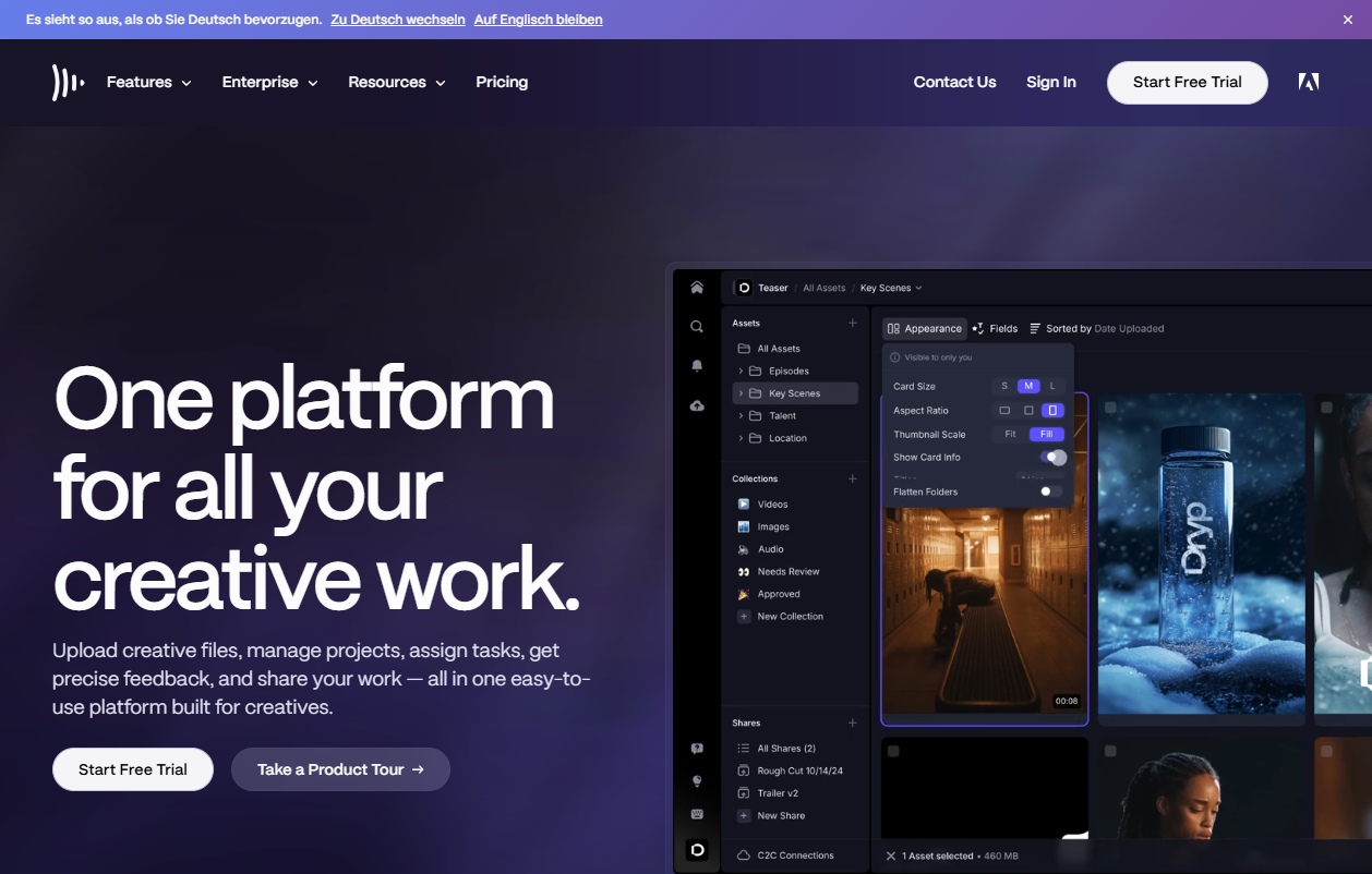 Startseite von Frame.io