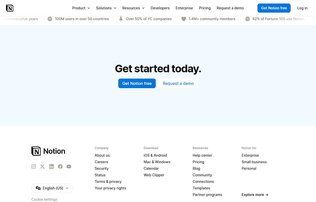 Startseite von Notion